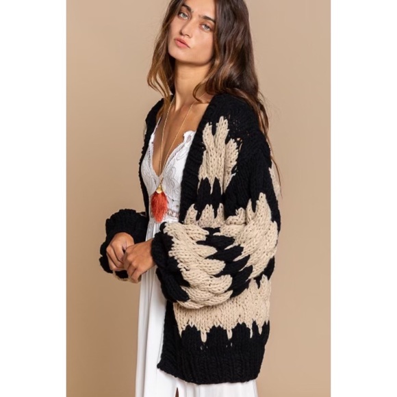 POL Sweaters - Black Beige Chunky Knit Ballon Sleeves Cardigan Sweater